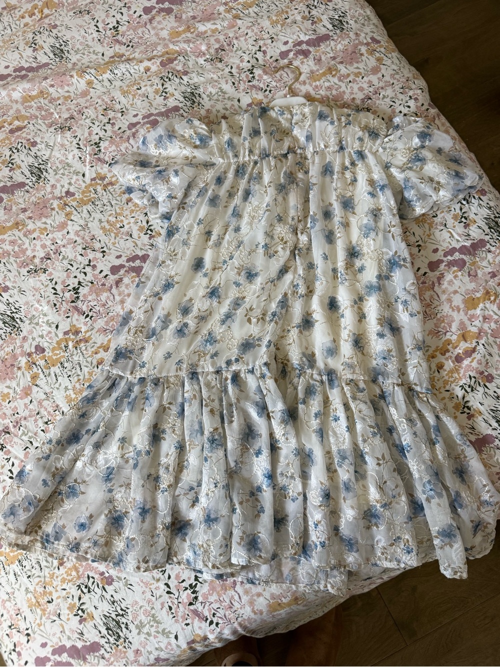 Kids Floral Off-Shoulder Dress in Light Blue and Cream
